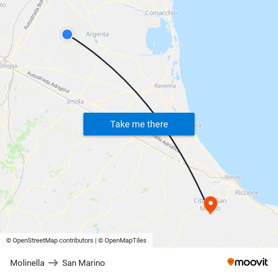 Molinella to San Marino map