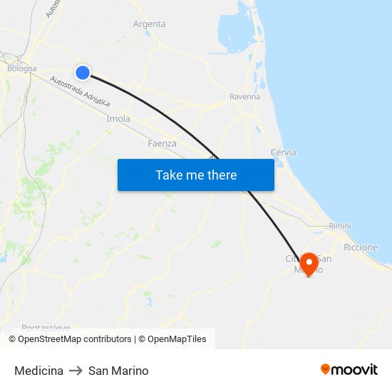 Medicina to San Marino map