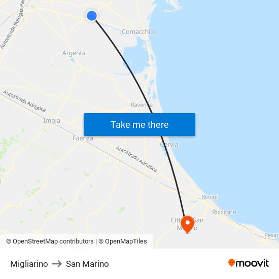 Migliarino to San Marino map