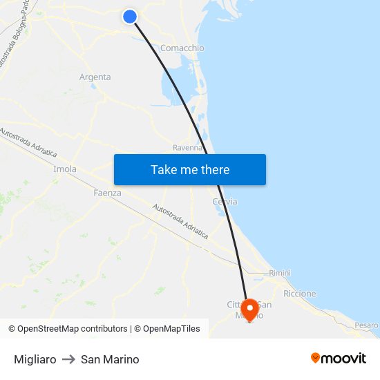 Migliaro to San Marino map