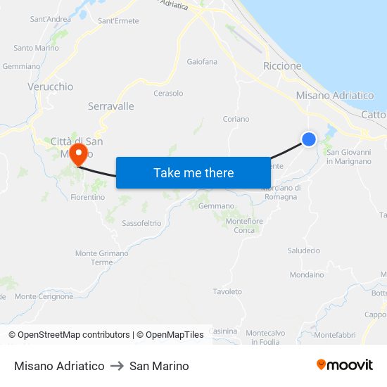 Misano Adriatico to San Marino map