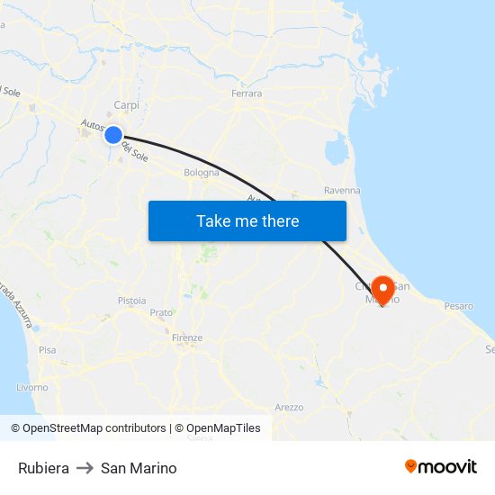 Rubiera to San Marino map