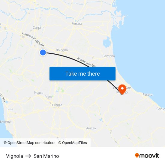 Vignola to San Marino map
