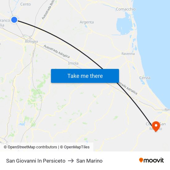 San Giovanni In Persiceto to San Marino map