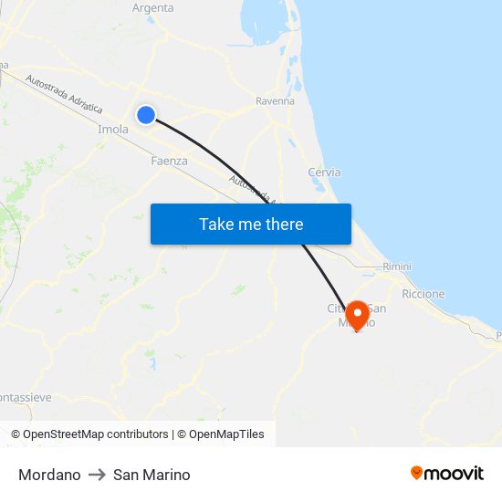 Mordano to San Marino map