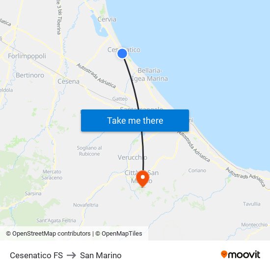 Cesenatico FS to San Marino map