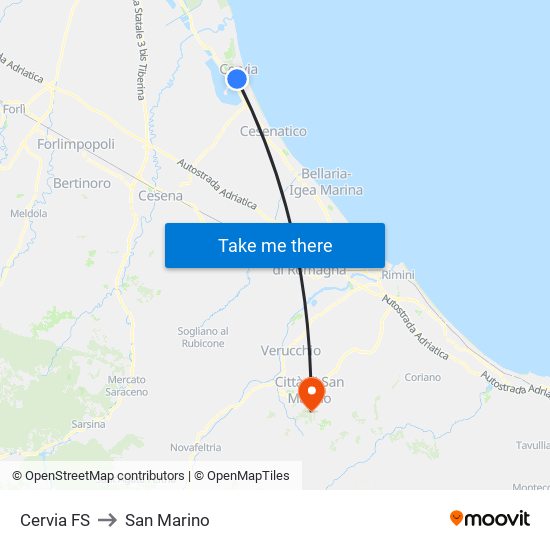 Cervia FS to San Marino map