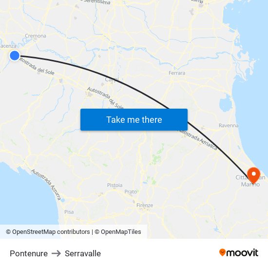 Pontenure to Serravalle map