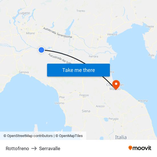 Rottofreno to Serravalle map