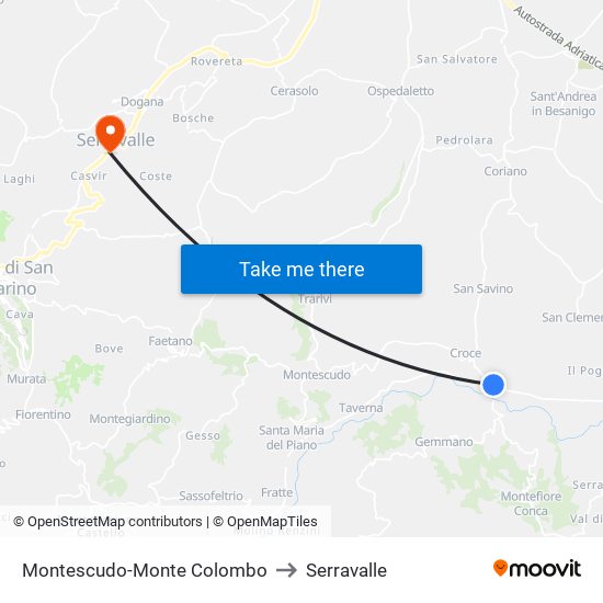 Montescudo-Monte Colombo to Serravalle map