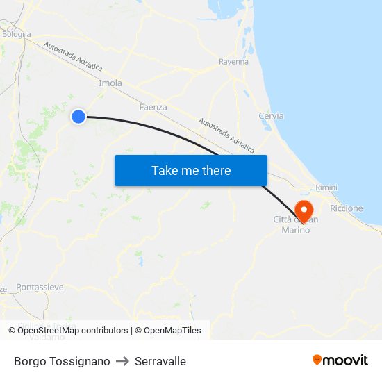 Borgo Tossignano to Serravalle map