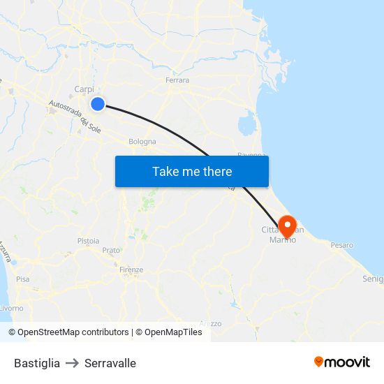 Bastiglia to Serravalle map