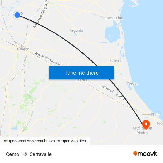 Cento to Serravalle map
