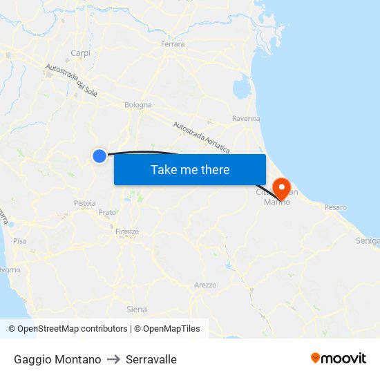 Gaggio Montano to Serravalle map