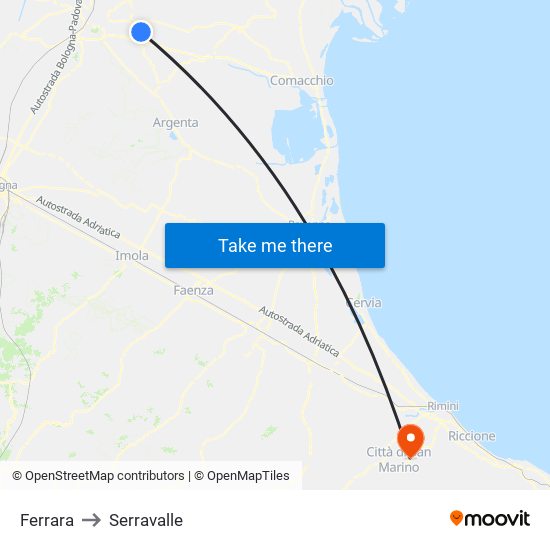 Ferrara to Serravalle map