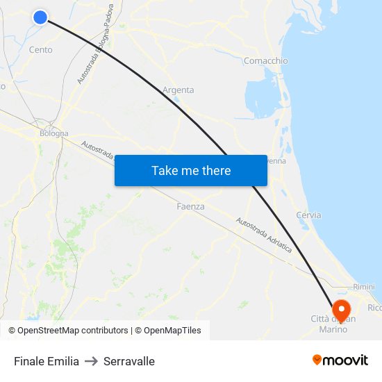Finale Emilia to Serravalle map