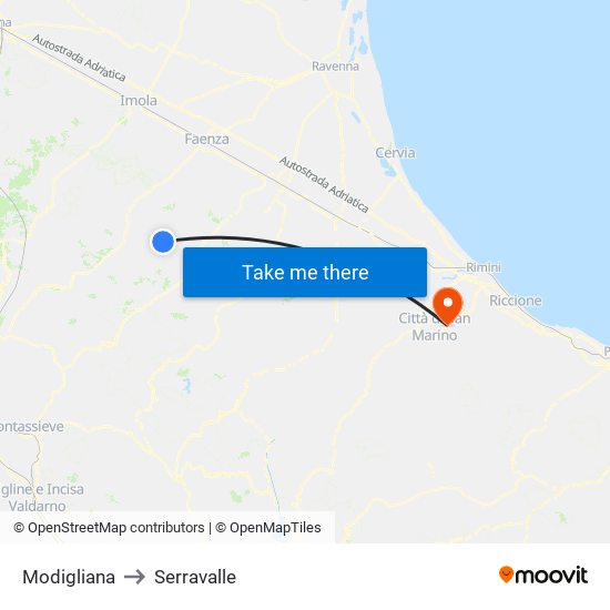 Modigliana to Serravalle map