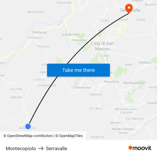 Montecopiolo to Serravalle map