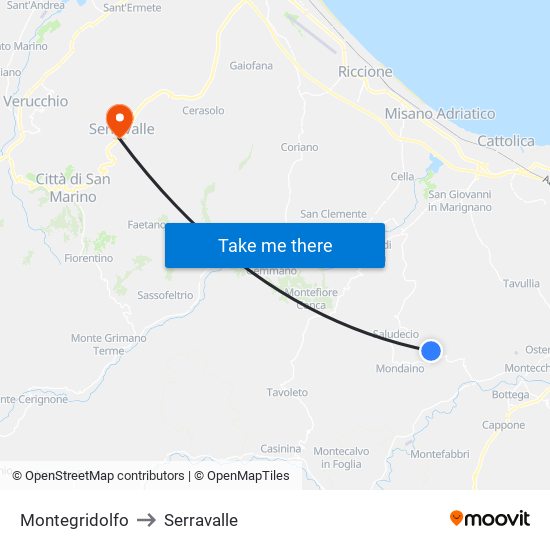 Montegridolfo to Serravalle map