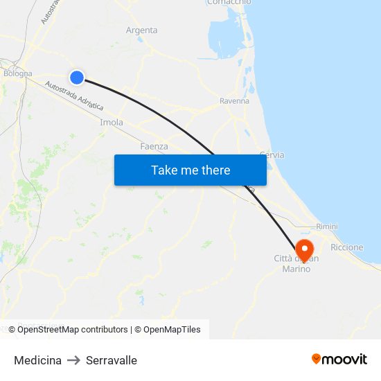 Medicina to Serravalle map