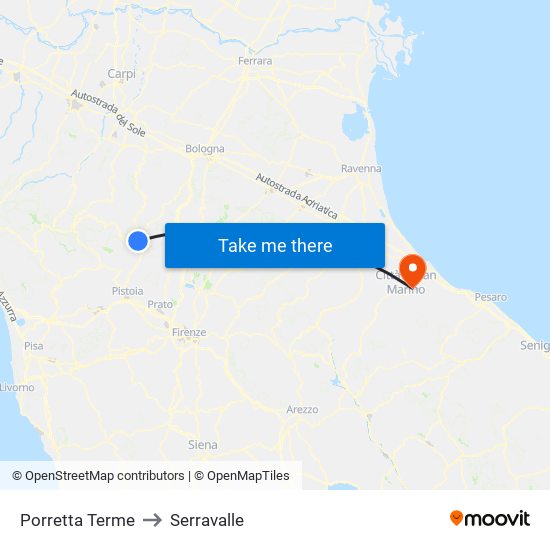 Porretta Terme to Serravalle map