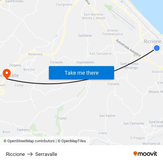 Riccione to Serravalle map