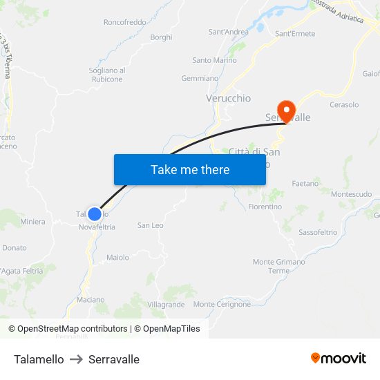 Talamello to Serravalle map