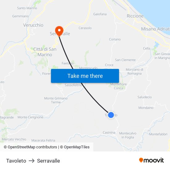 Tavoleto to Serravalle map