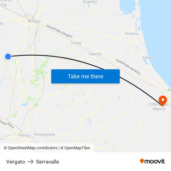 Vergato to Serravalle map