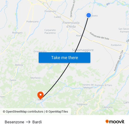 Besenzone to Bardi map