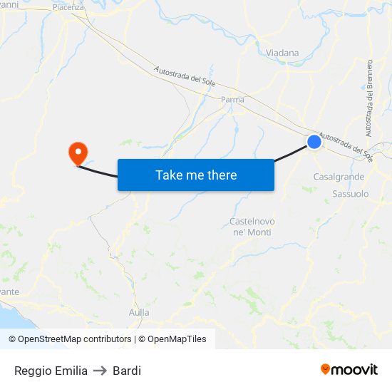 Reggio Emilia to Bardi map