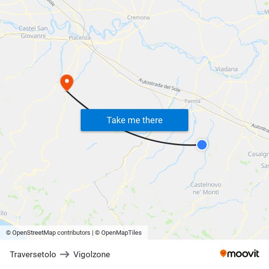 Traversetolo to Vigolzone map