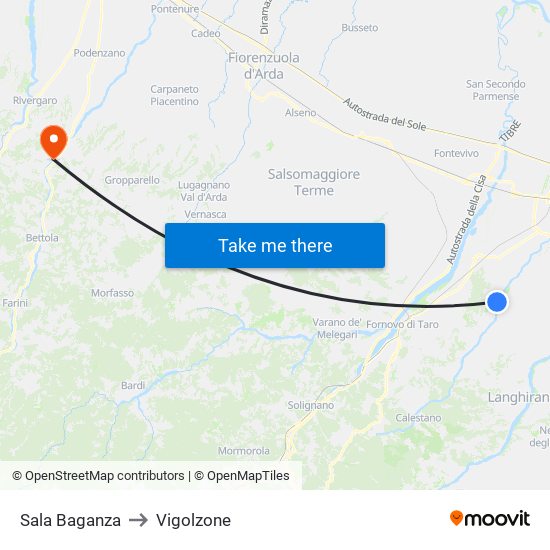 Sala Baganza to Vigolzone map
