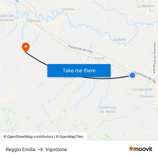 Reggio Emilia to Vigolzone map