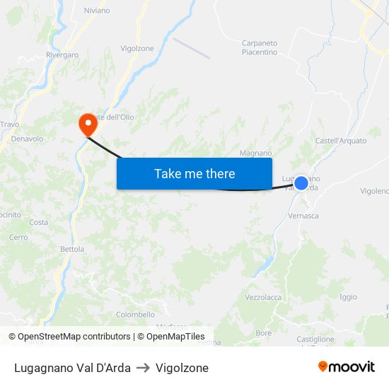 Lugagnano Val D'Arda to Vigolzone map