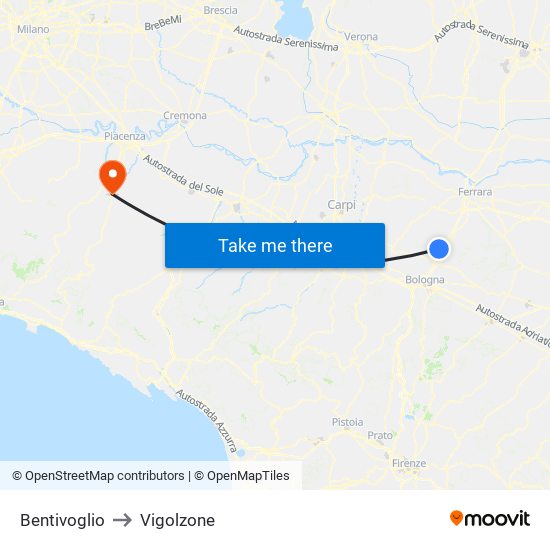 Bentivoglio to Vigolzone map
