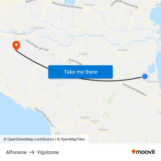 Alfonsine to Vigolzone map