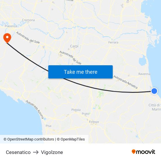 Cesenatico to Vigolzone map