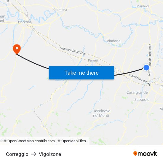 Correggio to Vigolzone map
