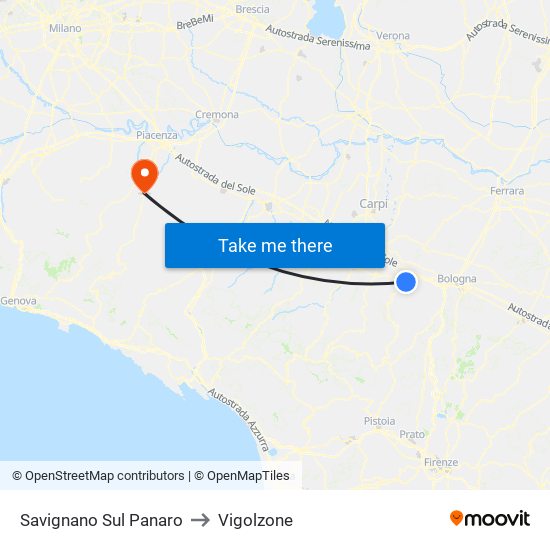 Savignano Sul Panaro to Vigolzone map