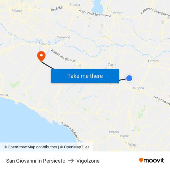 San Giovanni In Persiceto to Vigolzone map