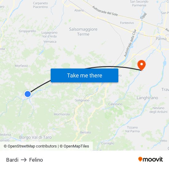 Bardi to Felino map