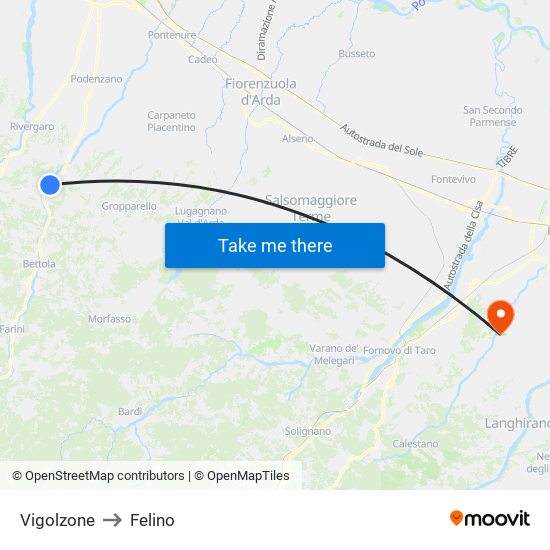 Vigolzone to Felino map