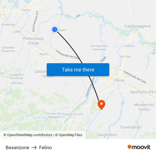 Besenzone to Felino map