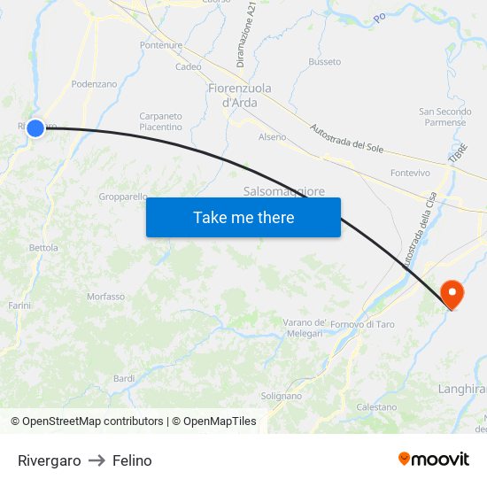 Rivergaro to Felino map