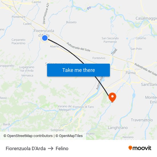 Fiorenzuola D'Arda to Felino map
