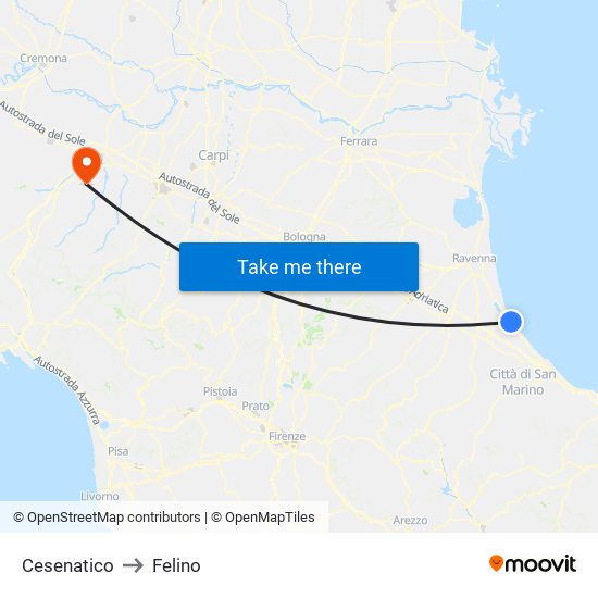 Cesenatico to Felino map