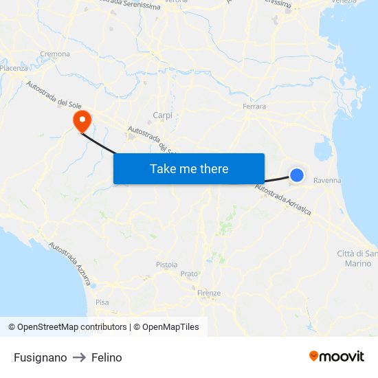 Fusignano to Felino map