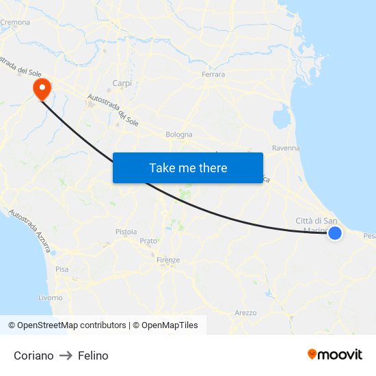 Coriano to Felino map