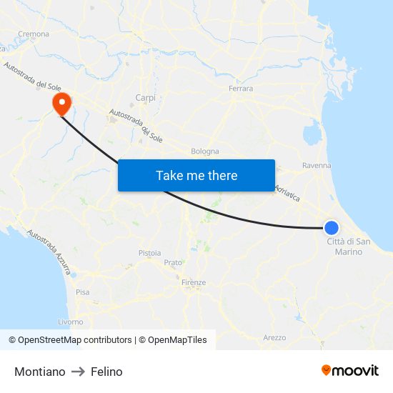 Montiano to Felino map